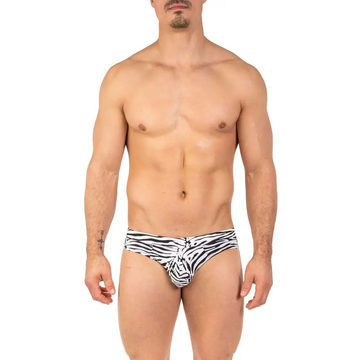 Black and white zebra print bikini swimsuit with contour pouch by gary majdell sport for men