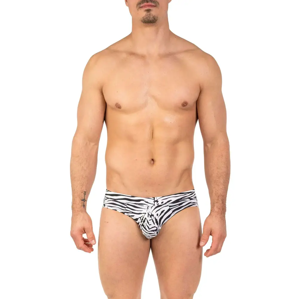 Black and white zebra print bikini men’s briefs with contour pouch by gary majdell sport