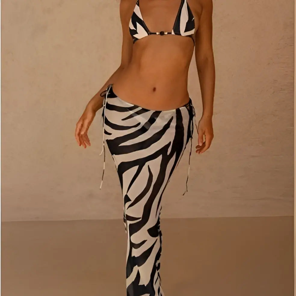 Black and white zebra printed bikini two-piece with strappy skirt casual suit perfect for summer beachwear