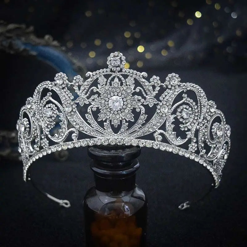 Ornate silver zircon bride crown tiara with intricate floral patterns and sparkling clear crystals for crown fashion headwear