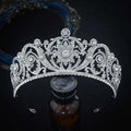 Ornate silver zircon bride crown tiara with intricate filigree and central floral motif for crown fashion headwear