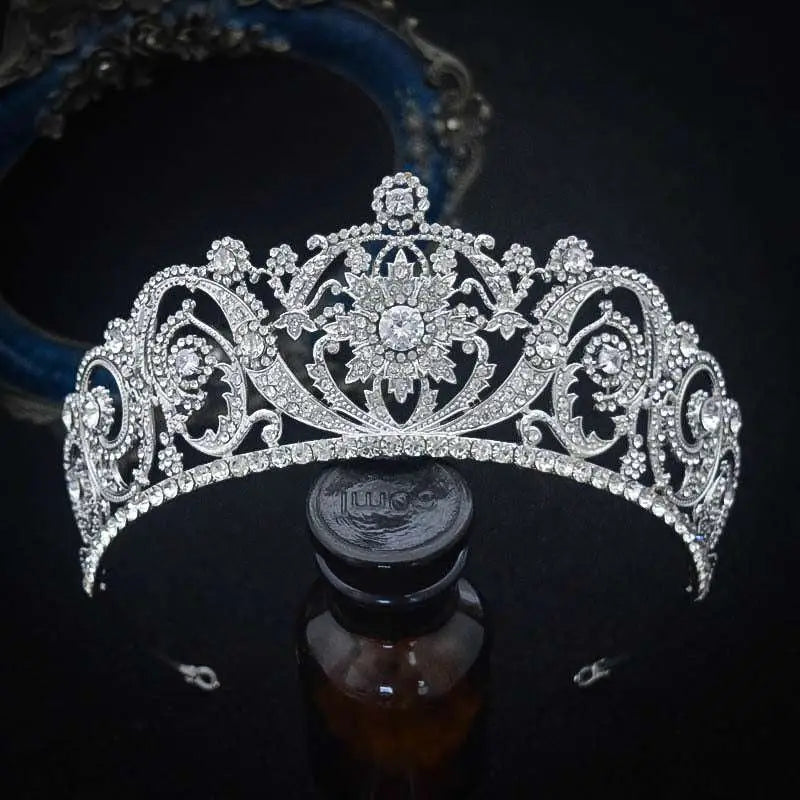 Ornate silver zircon bride crown tiara with intricate filigree and central floral motif for crown fashion headwear