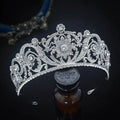 Ornate silver zircon bride crown tiara with intricate floral scrollwork and clear crystals for crown fashion headwear