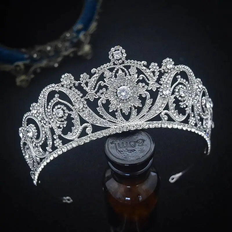 Ornate silver zircon bride crown tiara with intricate floral scrollwork and clear crystals for crown fashion headwear