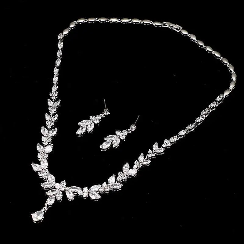 Zircon simple bridal set featuring silver leaf crystal necklace and matching leaf crystal earrings for weddings