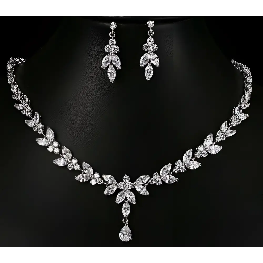 Zircon simple bridal set featuring silver leaf crystal necklace and matching leaf crystal earrings for weddings