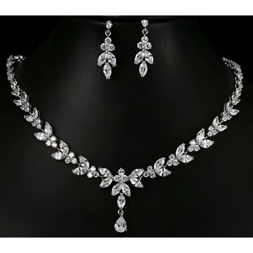 Zircon simple bridal set featuring silver leaf crystal necklace and matching leaf crystal earrings for weddings