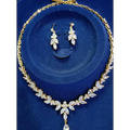 Gold-toned zircon simple bridal necklace with clear leaf-shaped crystals and a dangling teardrop pendant from simple bridal set