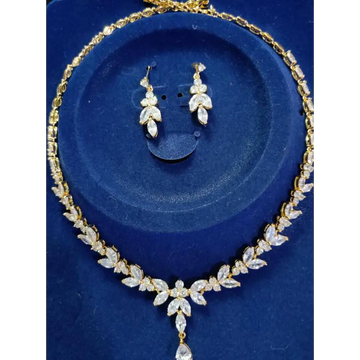Gold-toned zircon simple bridal necklace with clear leaf-shaped crystals and a dangling teardrop pendant from simple bridal set