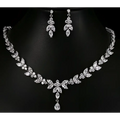 Silver leaf and crystal zircon simple bridal necklace set with matching leaf crystal earrings for weddings